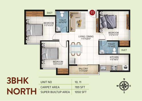 3 BHK 1050 sq.ft. Floor Plan