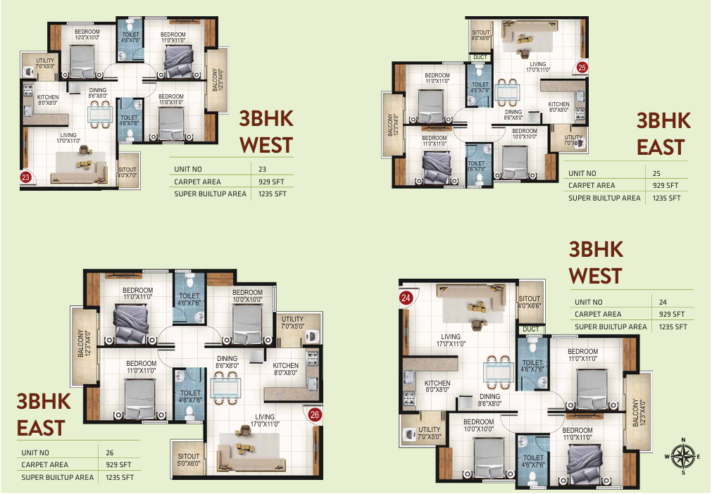 3 BHK 1235 sq.ft. Floor Plan